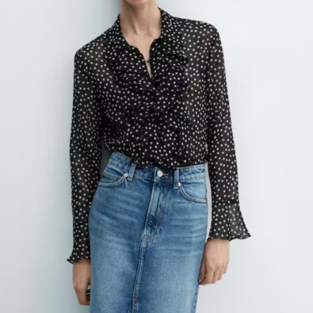 MNG Mango Black & White Polka Dot Sheer Ruffle Blouse - 2